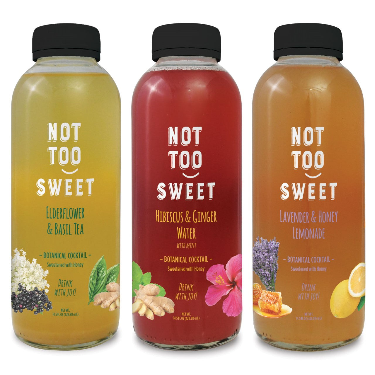 A bottle of each of our three flavor varieties of herbal beverages