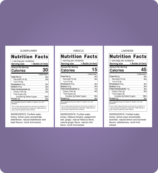 The nutrition facts for our herbal drinks