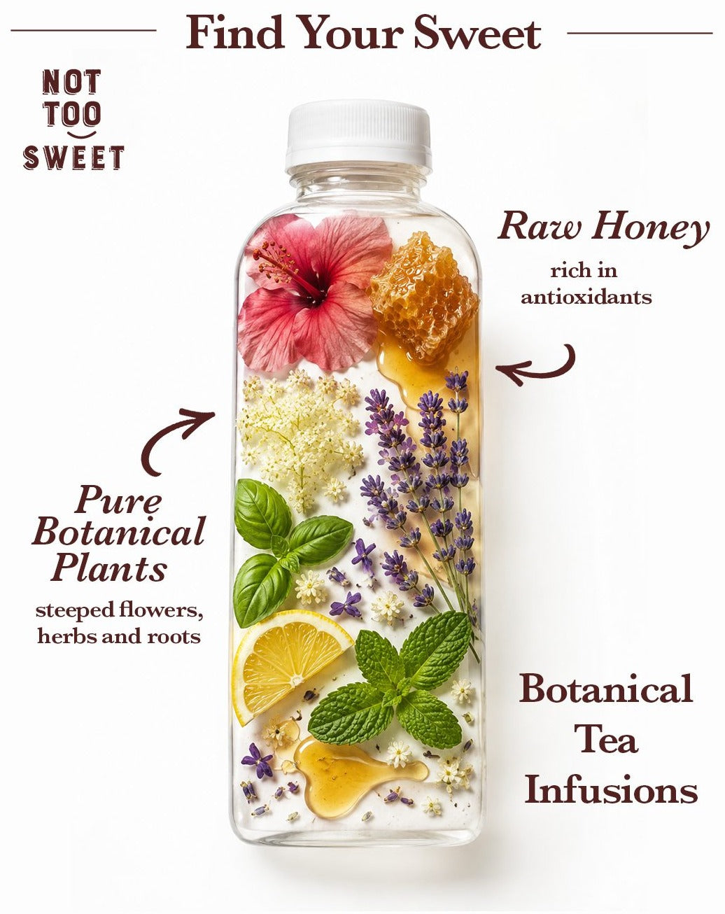 Clear glass bottle filled with flowers, herbs and raw honey