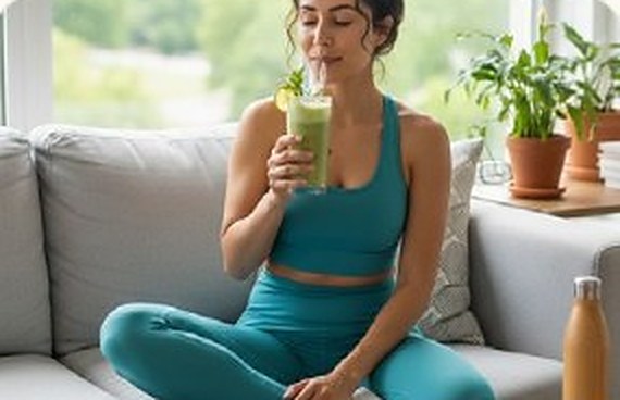 Woman on a sofa drinking a green smoothie